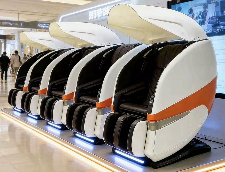 Proposed four-pod massage station mockup in a shopping-centre setting